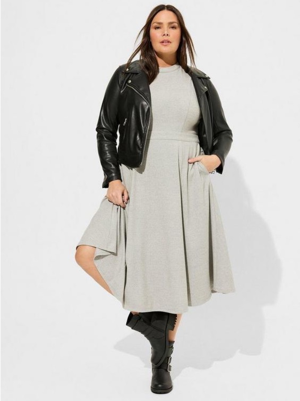 Torrid Light Gray Sleeveless Fit & Flare Midi Wool Mock Neck Dress Sz 16